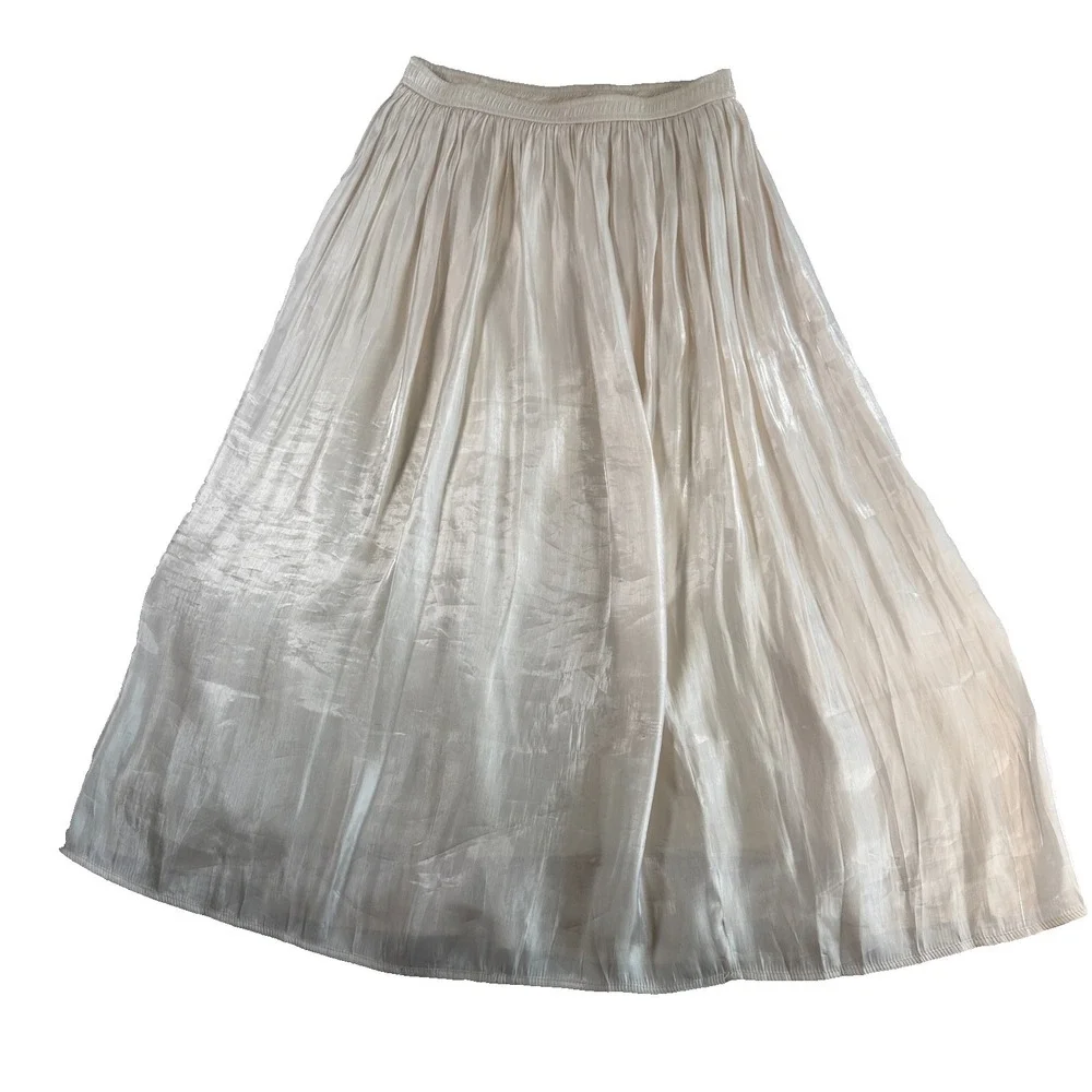 Shimmery Ivory Satin Maxi Skirt Sz M‎ Elastic Waist Flowy Bridal Romantic Fairy